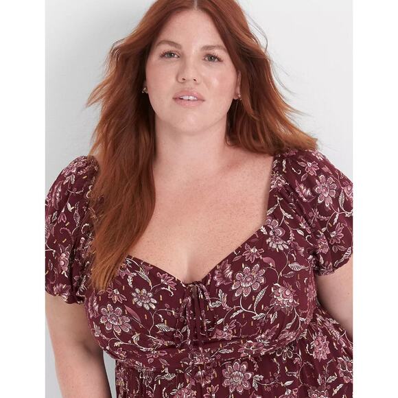 Lane Bryant Dress 26 Bubble Sleeve Tie Neck Floral Tiered Max EUC Peasant Boho - Picture 3 of 7